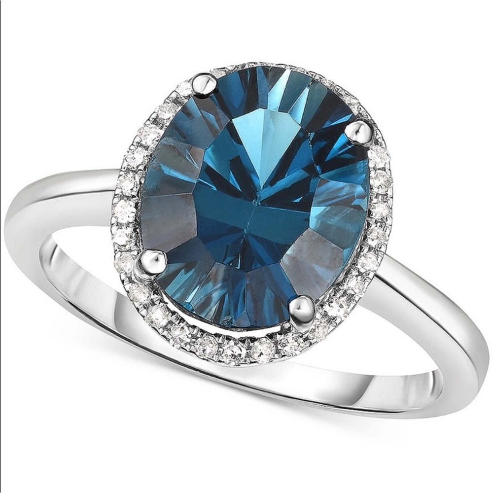 3.5 carat London Blue Topaz w/diamond halo 14 kt white gold ring- size 6
